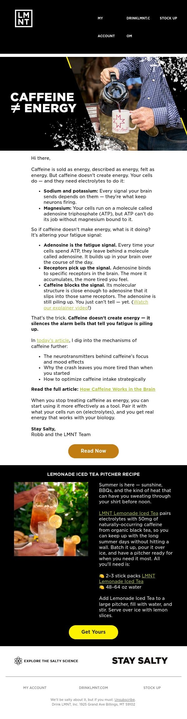 Caffeine ≠ energy email from LMNT screenshot