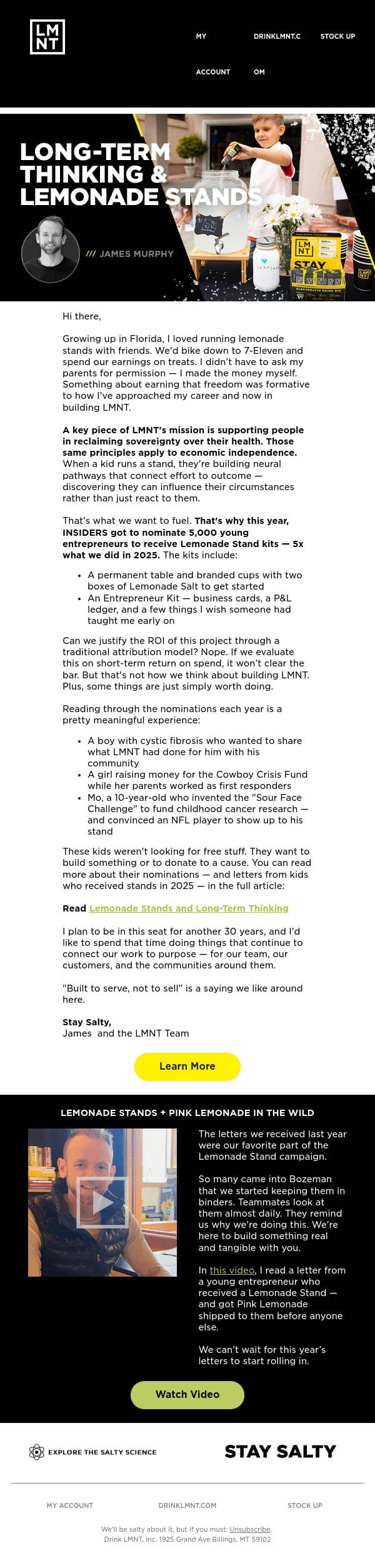 Lemonade stands and long-term thinking email from LMNT screenshot