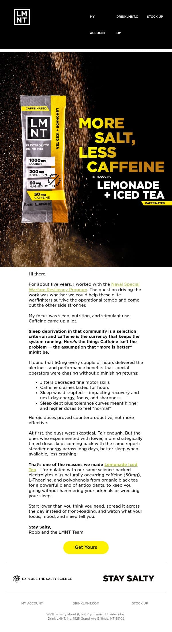 The reasoning behind 50mg caffeine in Lemonade Iced Tea email from LMNT screenshot