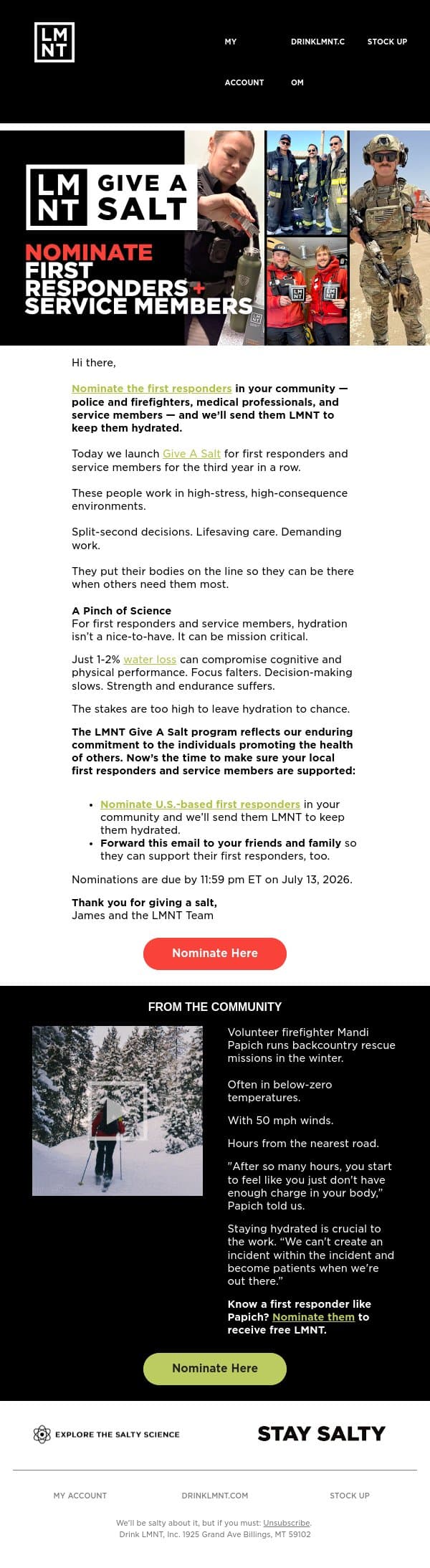 Send LMNT to first responders & service members email from LMNT screenshot