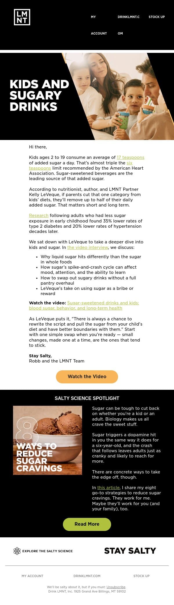 Nutritionist Kelly LeVeque on kids and sugary drinks email from LMNT screenshot
