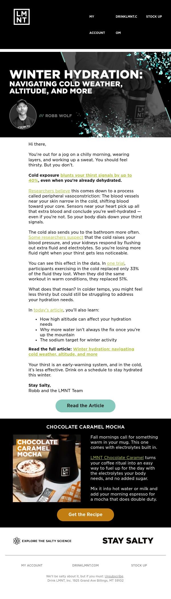 Why do you feel less thirsty in cold weather? email from LMNT screenshot