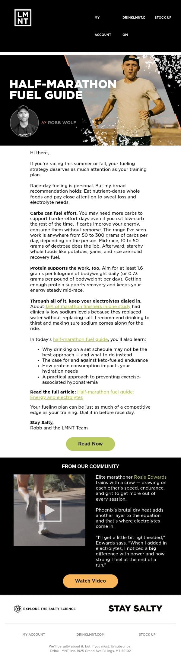 Race season fuel guide: Carbs, protein, and electrolytes email from LMNT screenshot