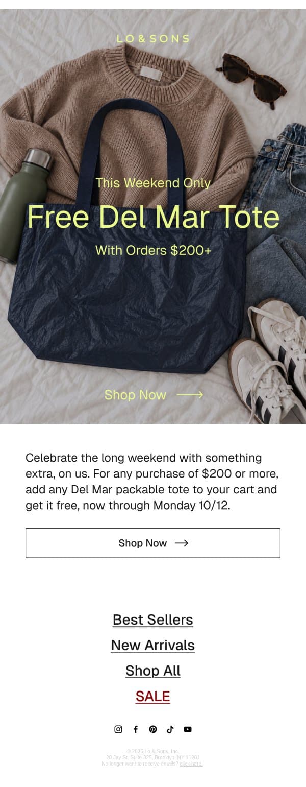 A Free Gift, This Weekend Only email from Lo & Sons screenshot