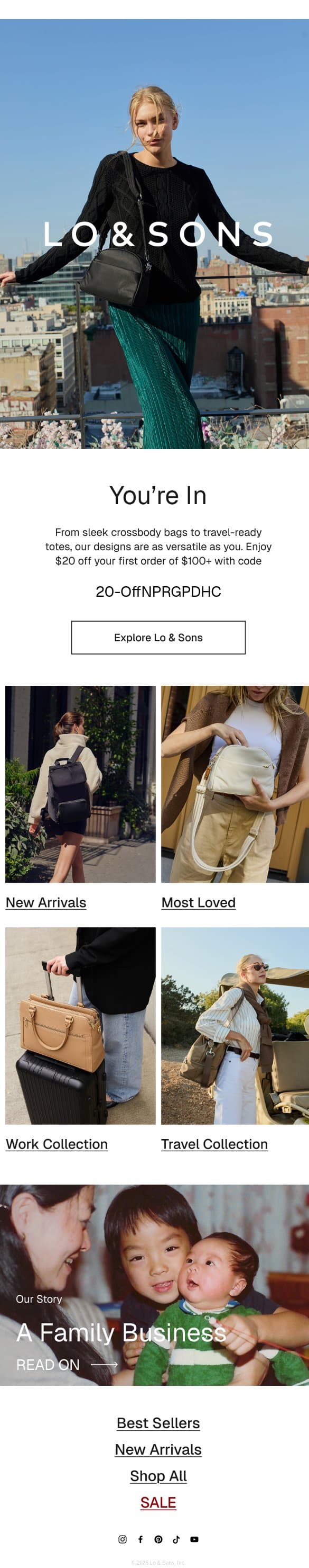 Welcome to Lo & Sons—Here’s $20 off your first order email from Lo & Sons screenshot