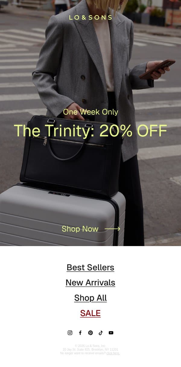 Rarely on Sale: The Trinity, Now 20% email from Lo & Sons screenshot