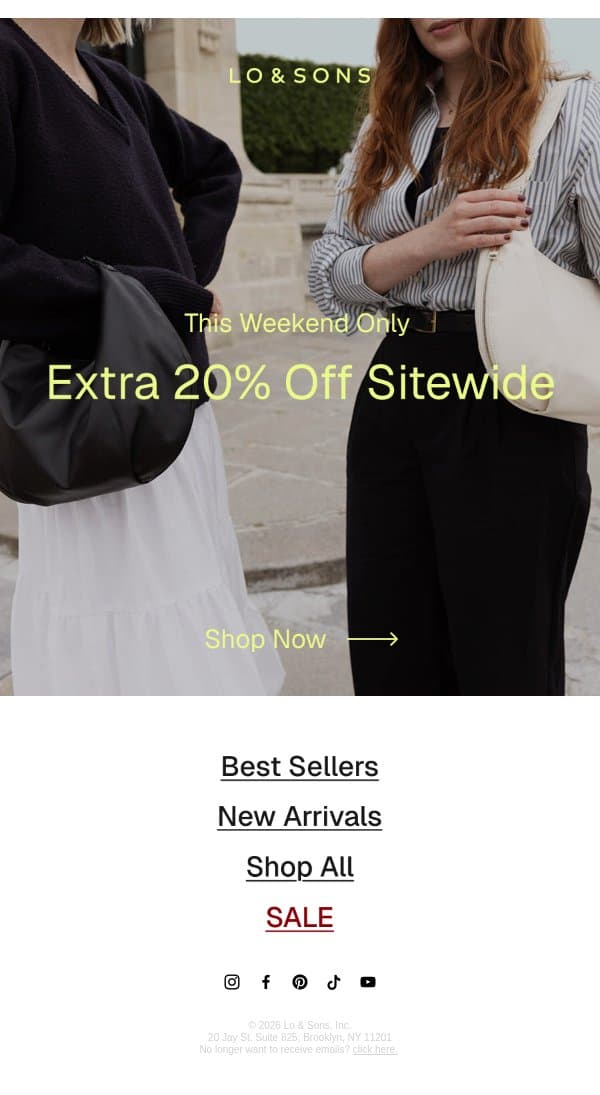 Surprise! EXTRA 20% OFF SITEWIDE email from Lo & Sons screenshot