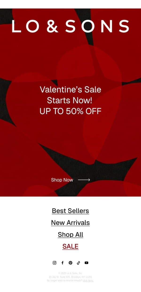 Valentine's Sale Starts Now email from Lo & Sons screenshot