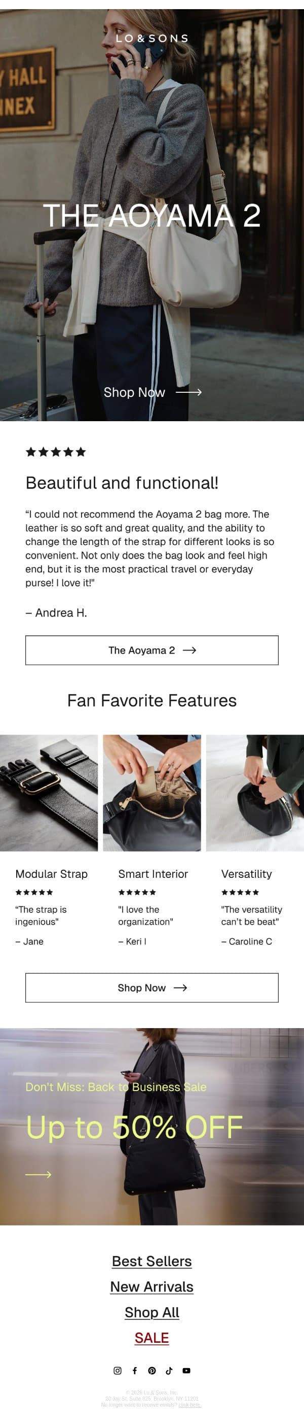 “I could not recommend the __ bag more” email from Lo & Sons screenshot
