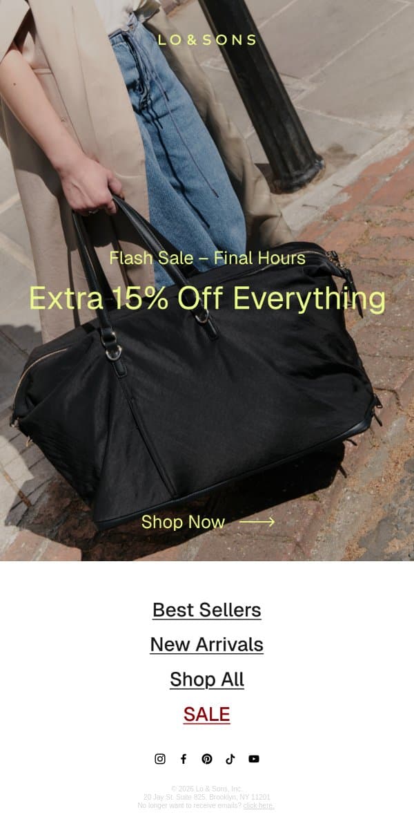 Ends Tonight: Extra 15% OFF Everything email from Lo & Sons screenshot