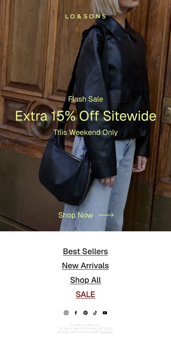 FLASH SALE: Extra 15% Off Sitewide! email from Lo & Sons screenshot