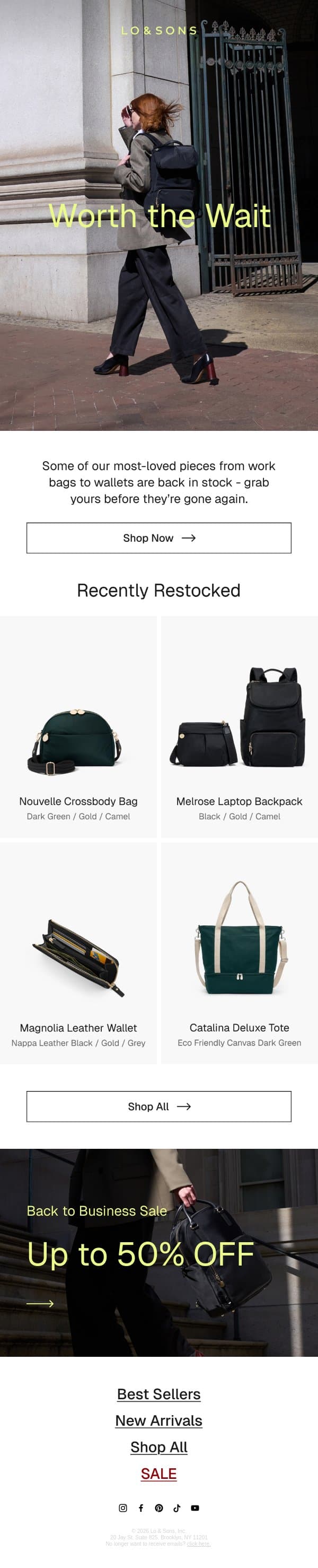 Sold Out → Back in Stock email from Lo & Sons screenshot