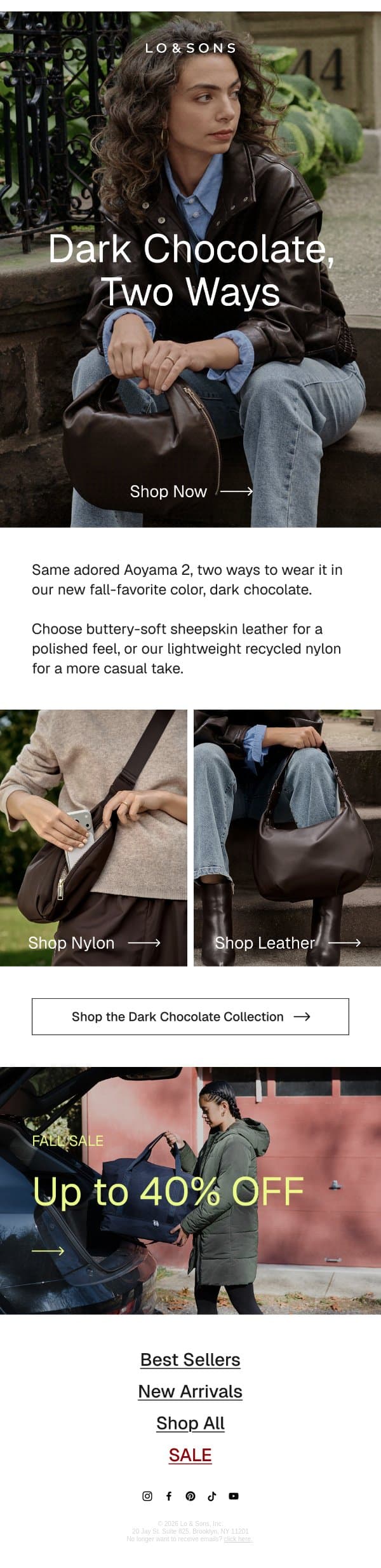 The Aoyama 2, Now in Dark Chocolate email from Lo & Sons screenshot