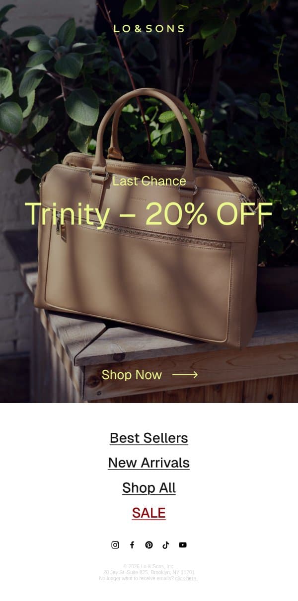 Last Chance: 20% OFF The Trinity email from Lo & Sons screenshot
