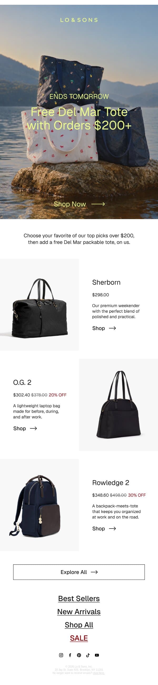 Pick Your Bag → Free Tote on Us email from Lo & Sons screenshot