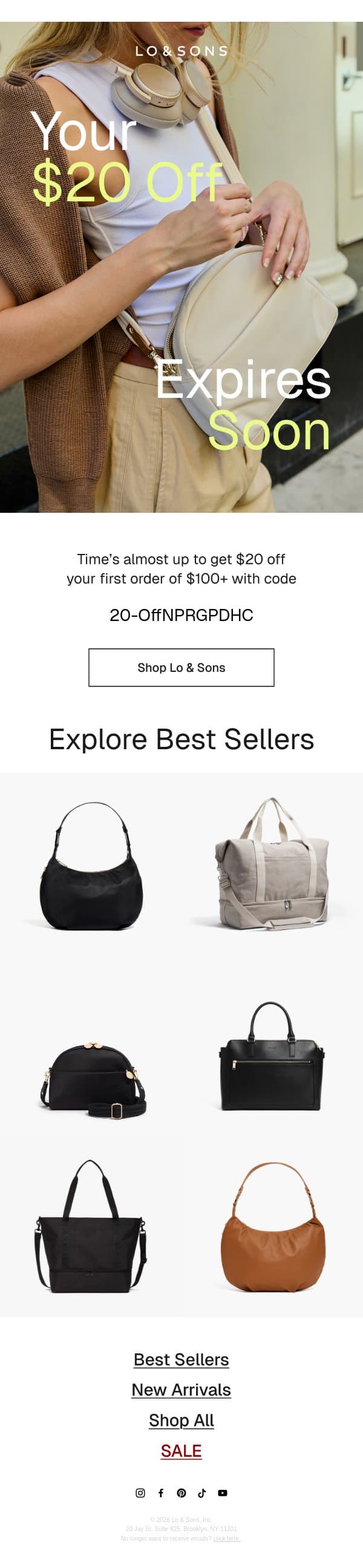 Your $20 Off Expires Soon email from Lo & Sons screenshot