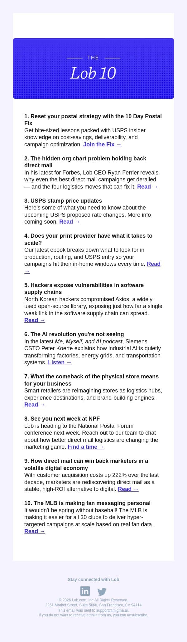 Lob 10: Direct mail news + tools | Apr 2026 email from Lob screenshot