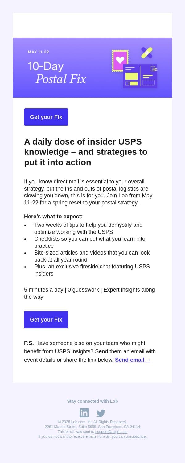 Want to reset your mail strategy in 10 days? email from Lob screenshot