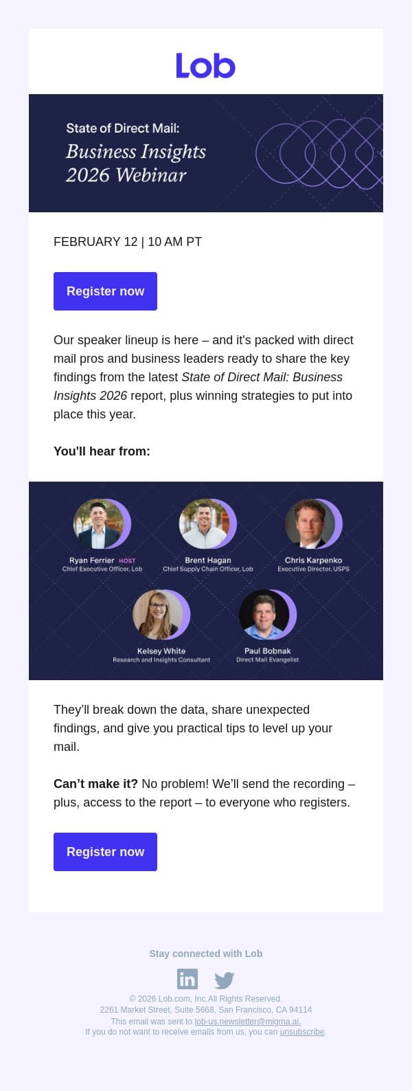Announcing our expert speaker panel email from Lob screenshot