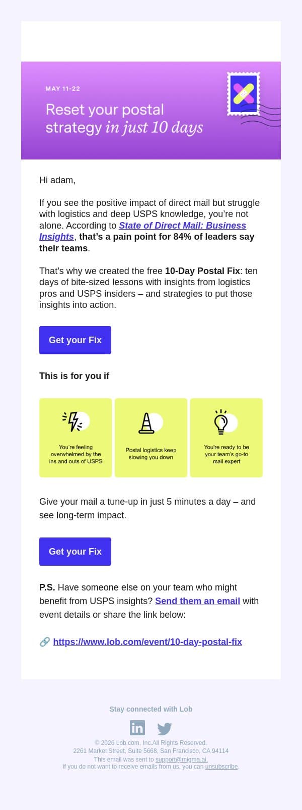 A fix for what 84% of business leaders struggle with… email from Lob screenshot