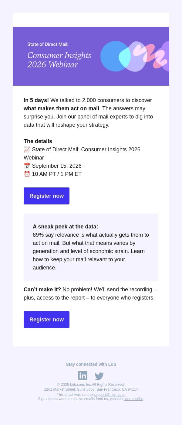 In 5 days | Webinar: Top 3 reasons consumers act on mail email from Lob screenshot