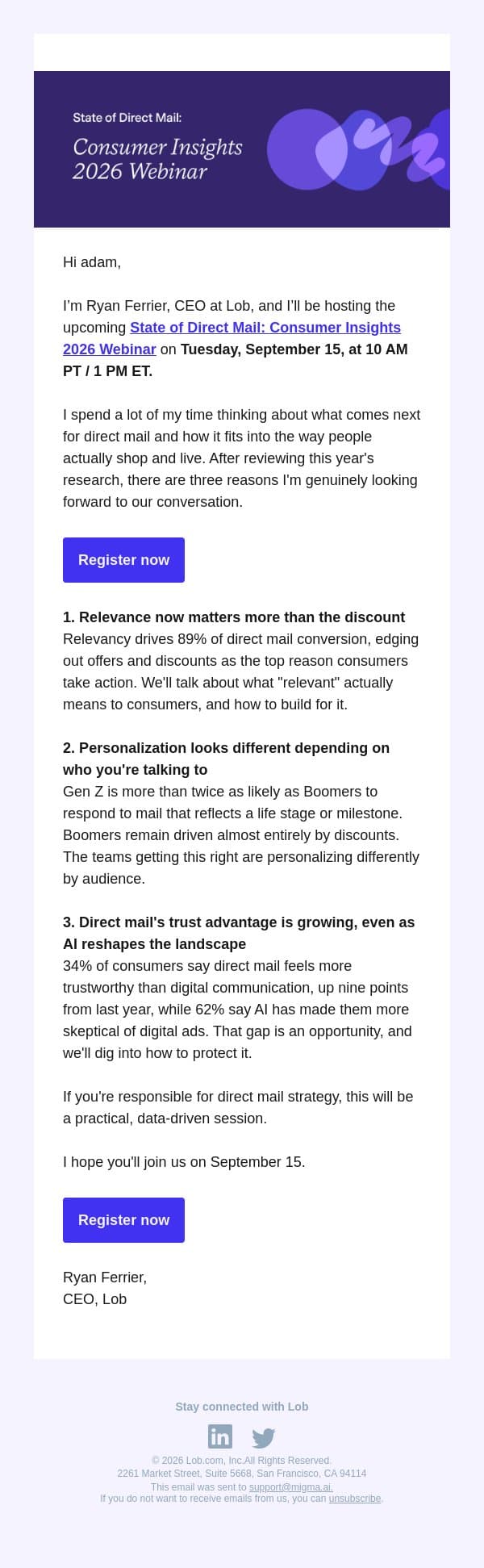 [From Lob’s CEO] 3 consumer trends I’m watching email from Lob screenshot
