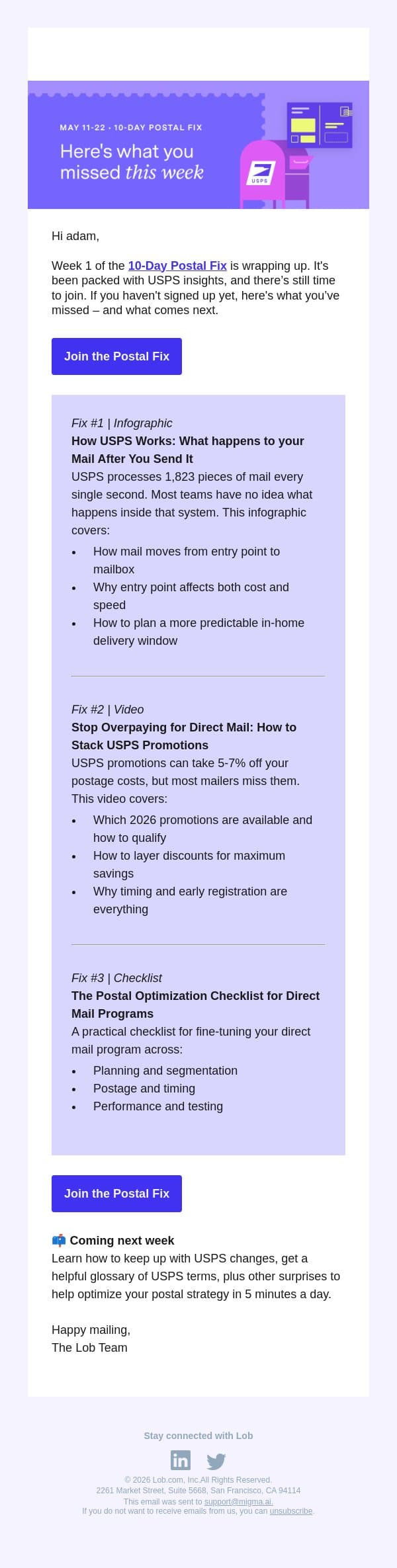 Reminder to dial in your postal savings email from Lob screenshot