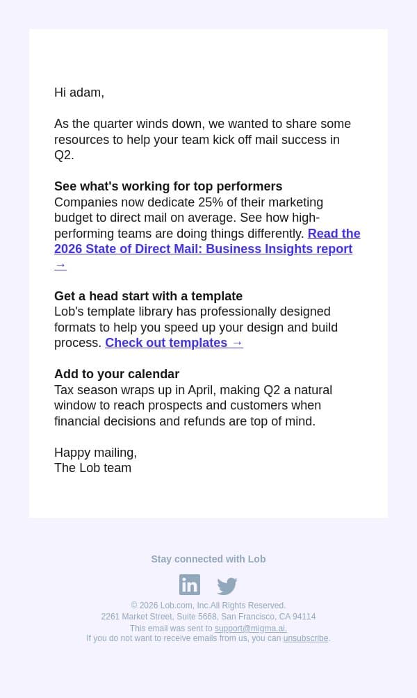 Direct mail tips for Q2 email from Lob screenshot