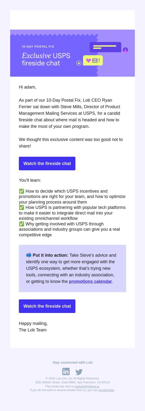 USPS Exclusive: Fireside Chat email from Lob screenshot