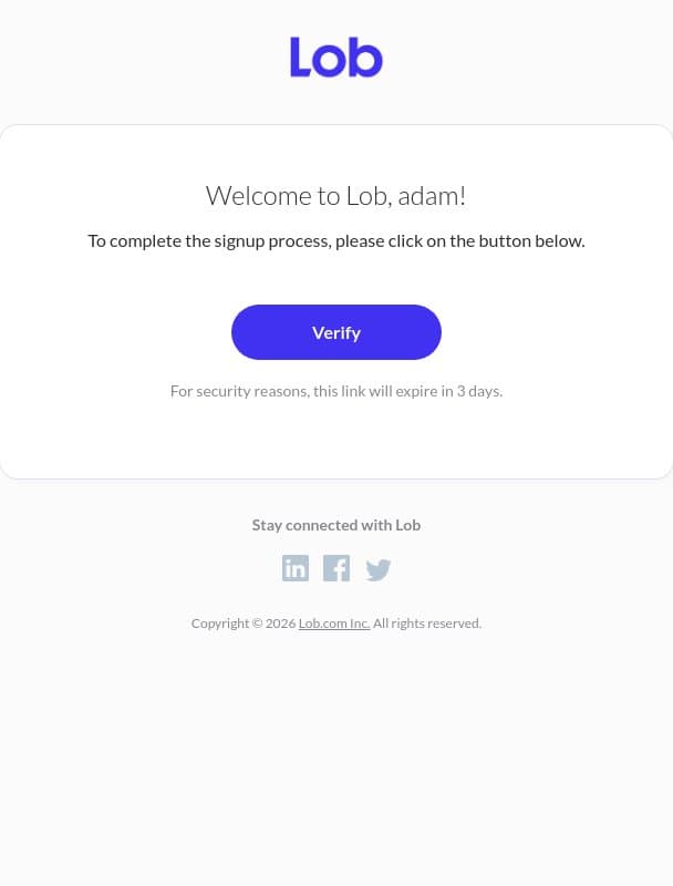 Confirm your email to access Lob email from Lob screenshot