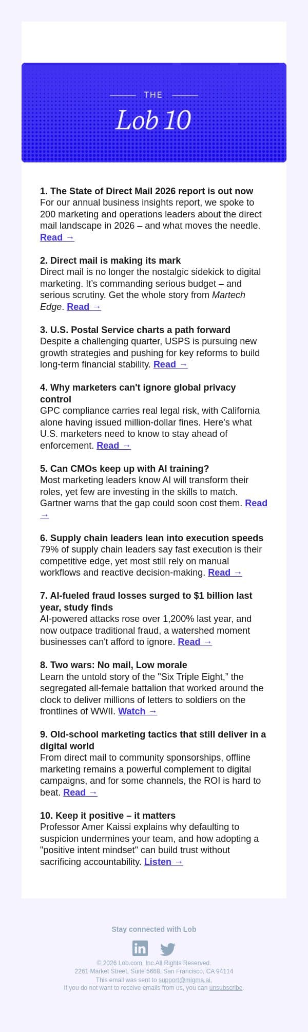 Lob 10: Direct mail news + tools | Feb 2026 email from Lob screenshot