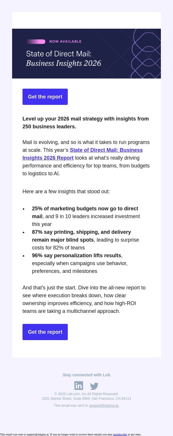 What 2026 mail benchmarks should you aim for? email from Lob screenshot