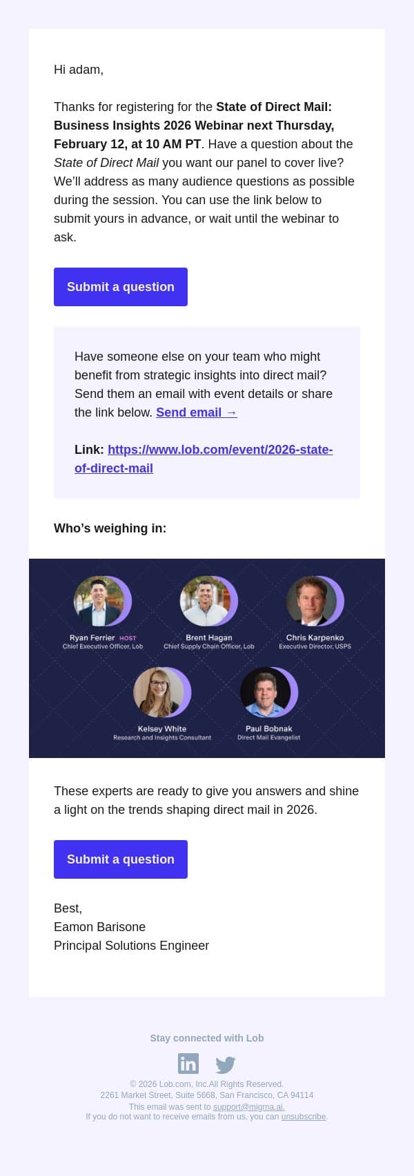 2 days away: Submit your question email from Lob screenshot