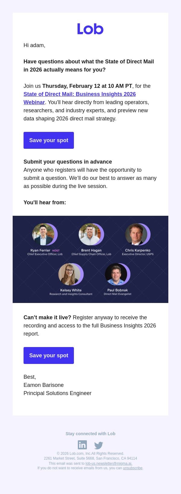 Direct mail Q&A coming 2/12 email from Lob screenshot