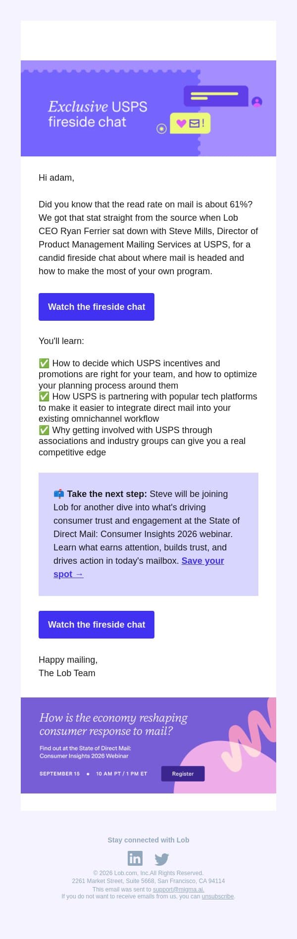 Did you know that the read rate on mail is about 61%? email from Lob screenshot