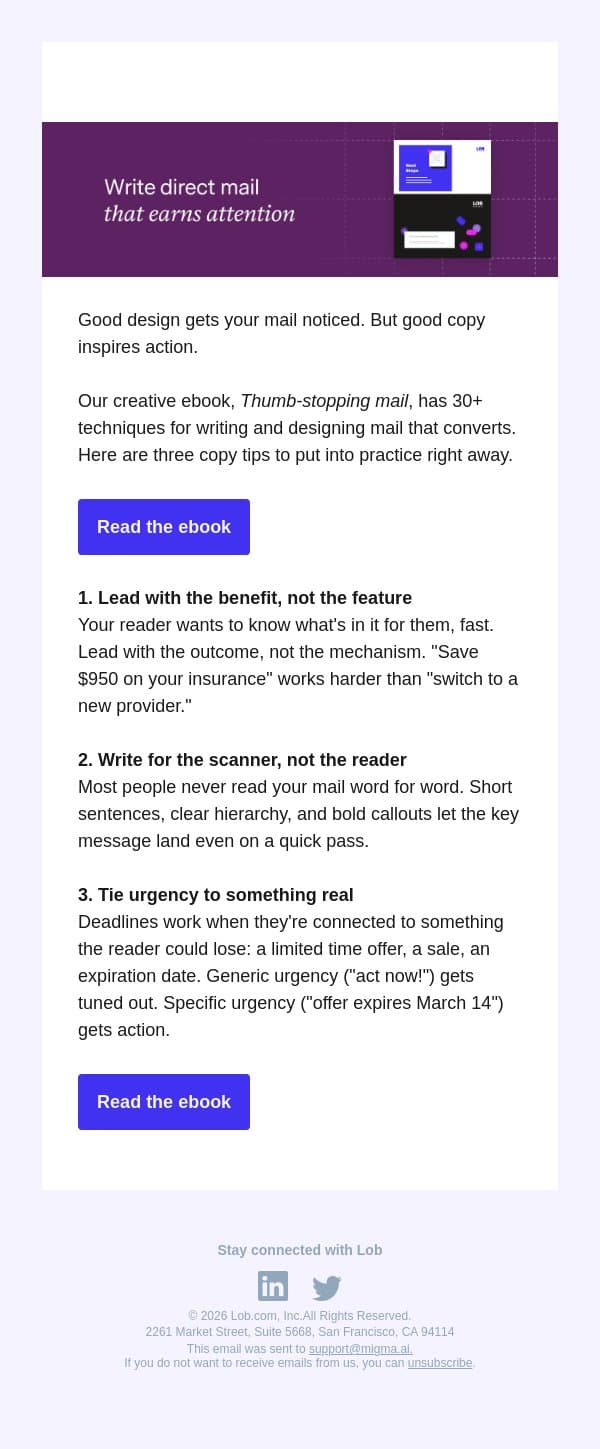 Copy tips for direct mail that gets read email from Lob screenshot