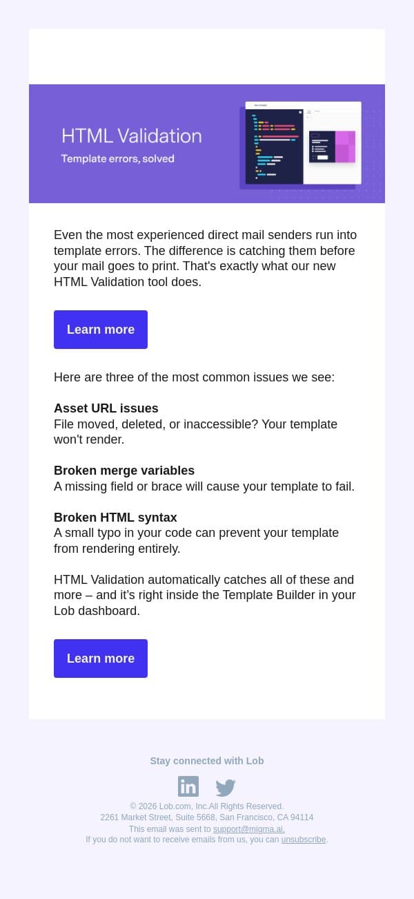 3 common mail template errors + and how to fix them email from Lob screenshot