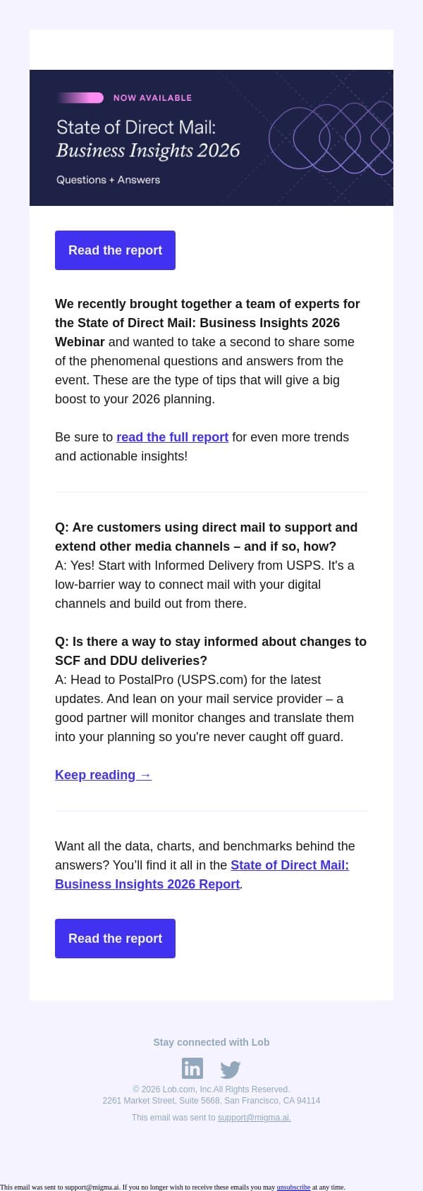 Your burning direct mail questions, answered email from Lob screenshot