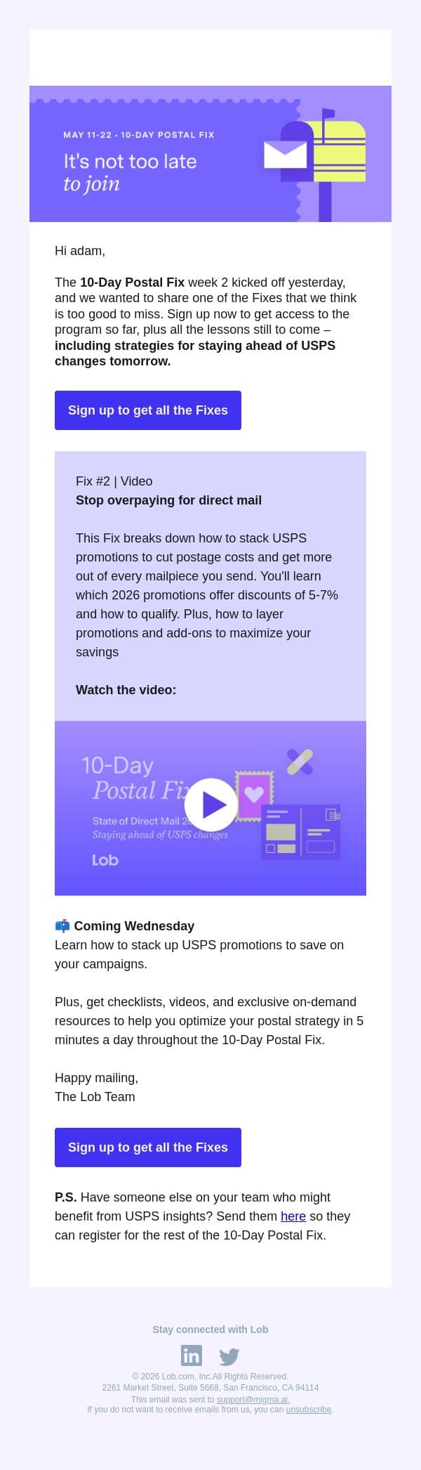 [Video] How to use USPS discounts email from Lob screenshot
