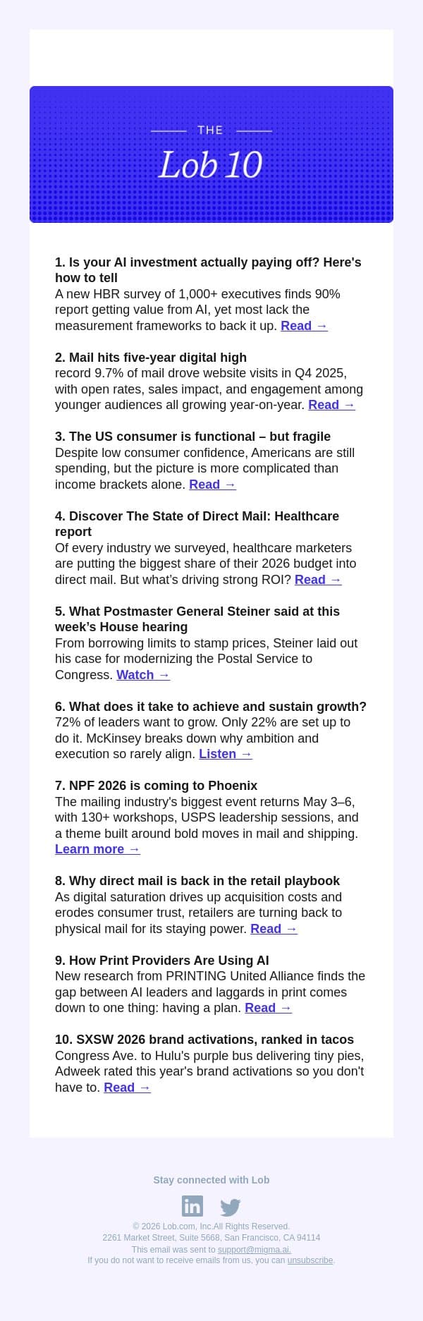 Lob 10: Direct mail news + tools | Mar 2026 email from Lob screenshot