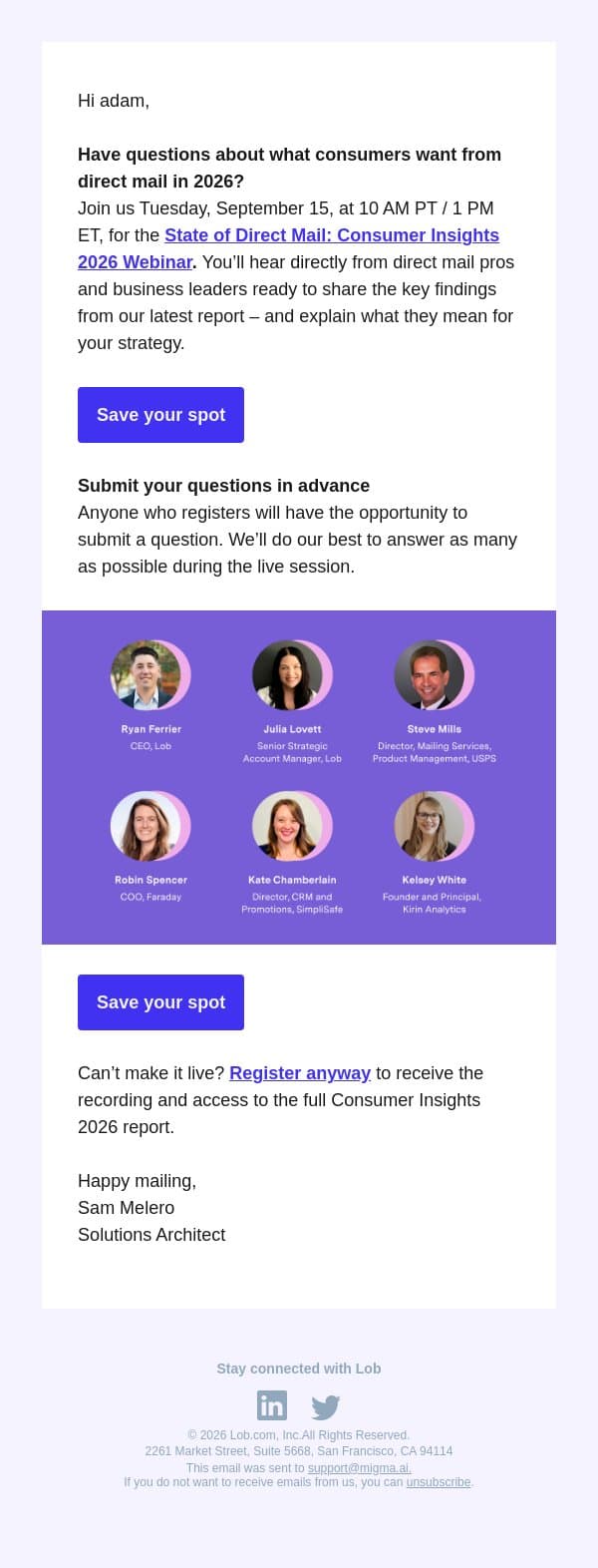 Your questions, answered by experts 9/15 email from Lob screenshot