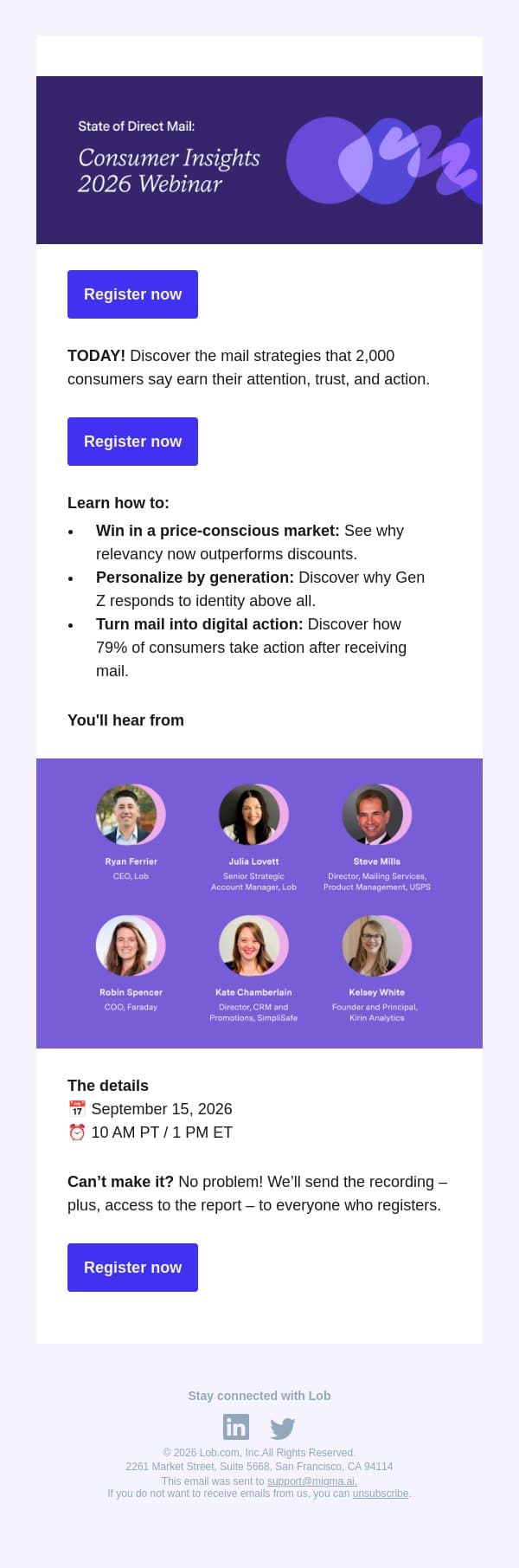 TODAY! State of Direct Mail: Consumer Insights 2026 email from Lob screenshot
