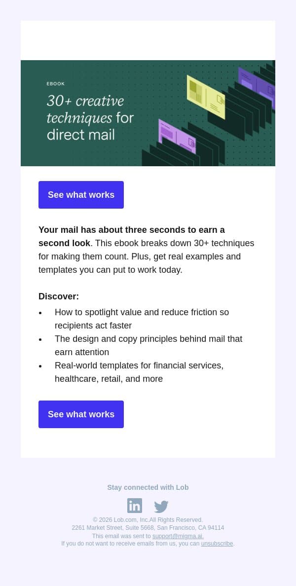 NEW EBOOK! Creative strategies for mail email from Lob screenshot