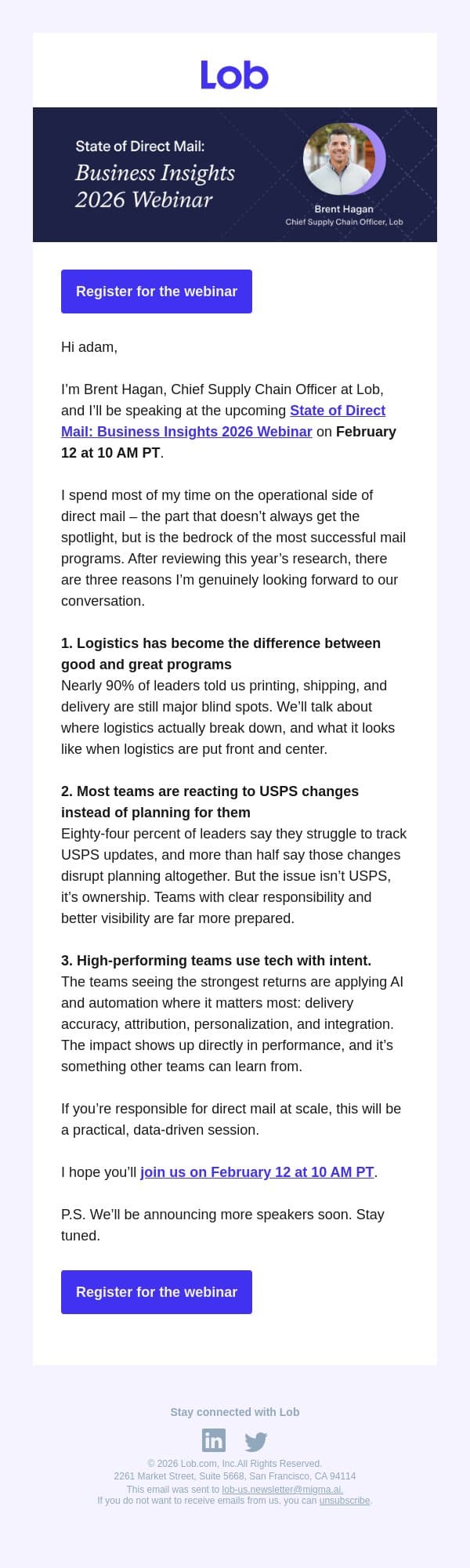 [Webinar] 3 things our CSCO is watching in direct mail email from Lob screenshot