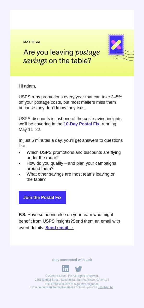 Are you using USPS promotions right? email from Lob screenshot