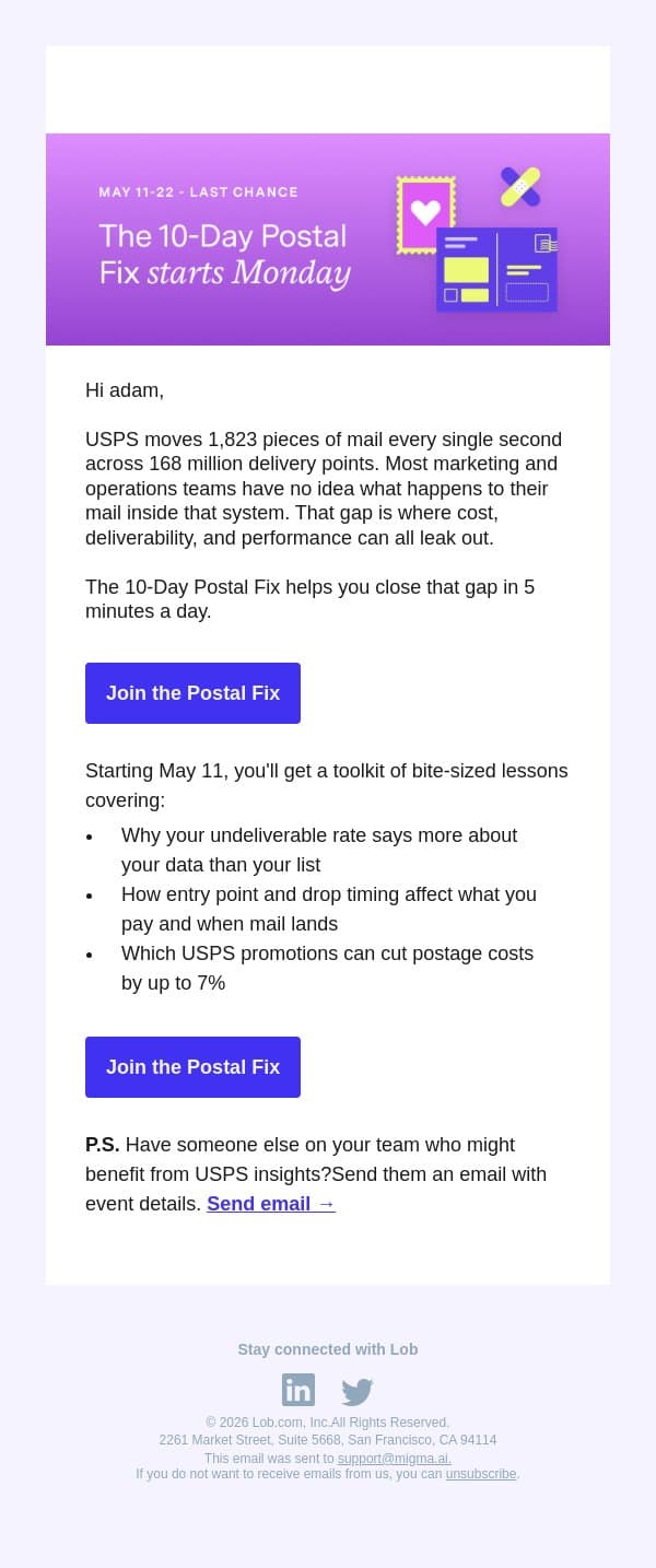 Last chance! Get cost-saving strategies and USPS insights email from Lob screenshot