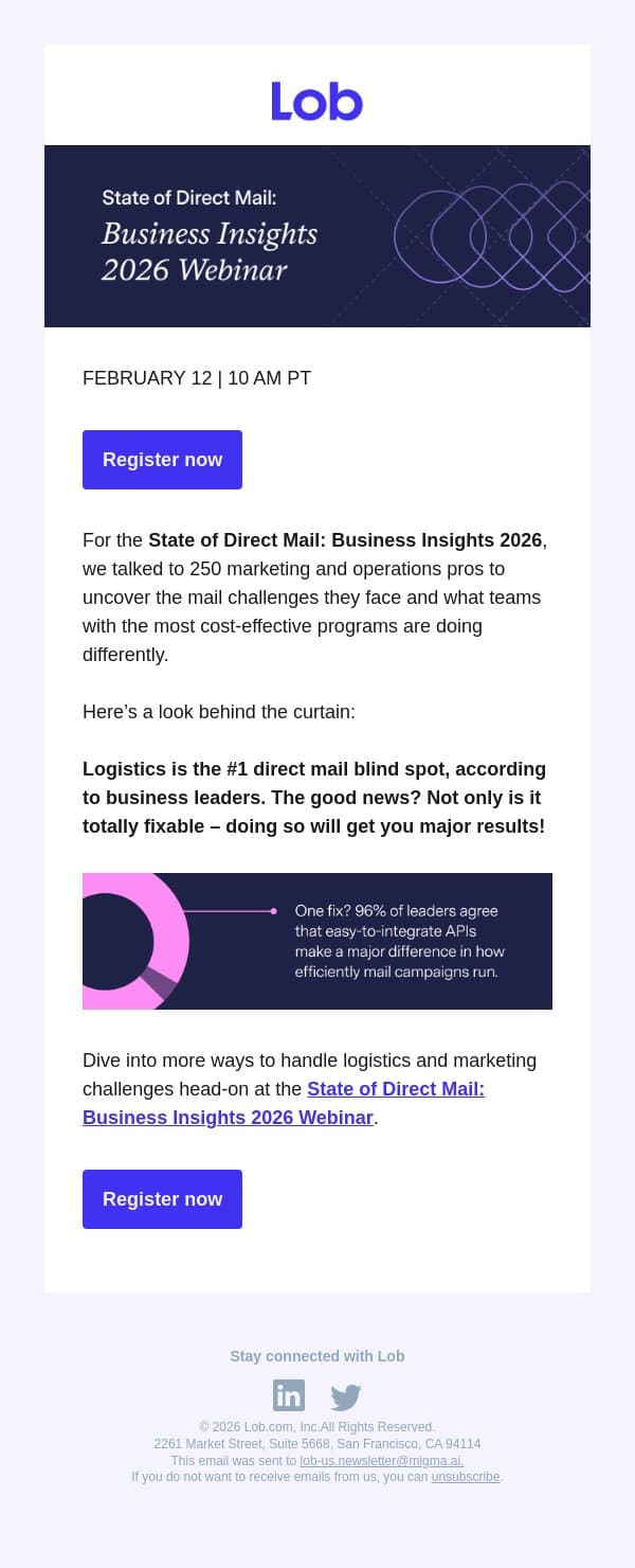 The #1 direct mail blind spot? Find out and fix it email from Lob screenshot