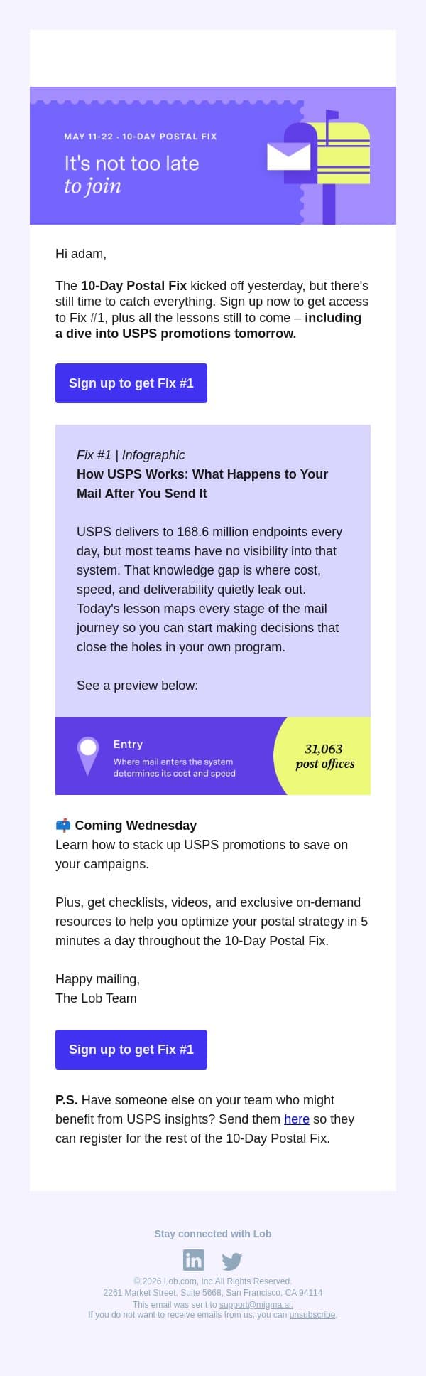 [Infographic] What you missed on Day 1… email from Lob screenshot