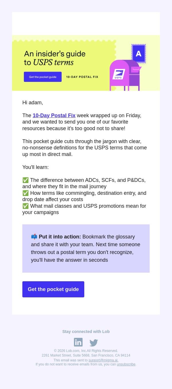Your USPS pocket guide is here email from Lob screenshot