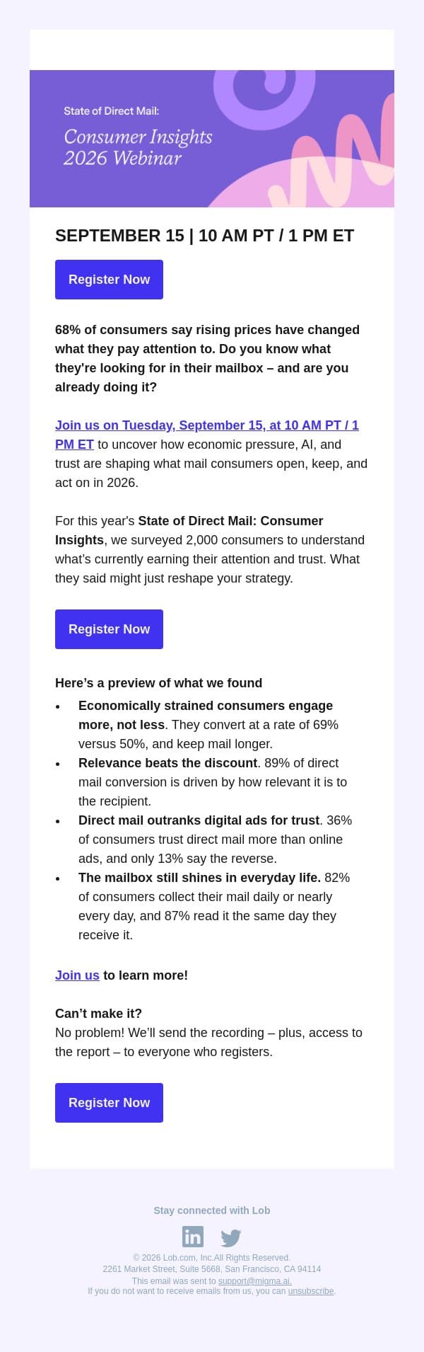 [Webinar] What's really driving direct mail in this economy email from Lob screenshot